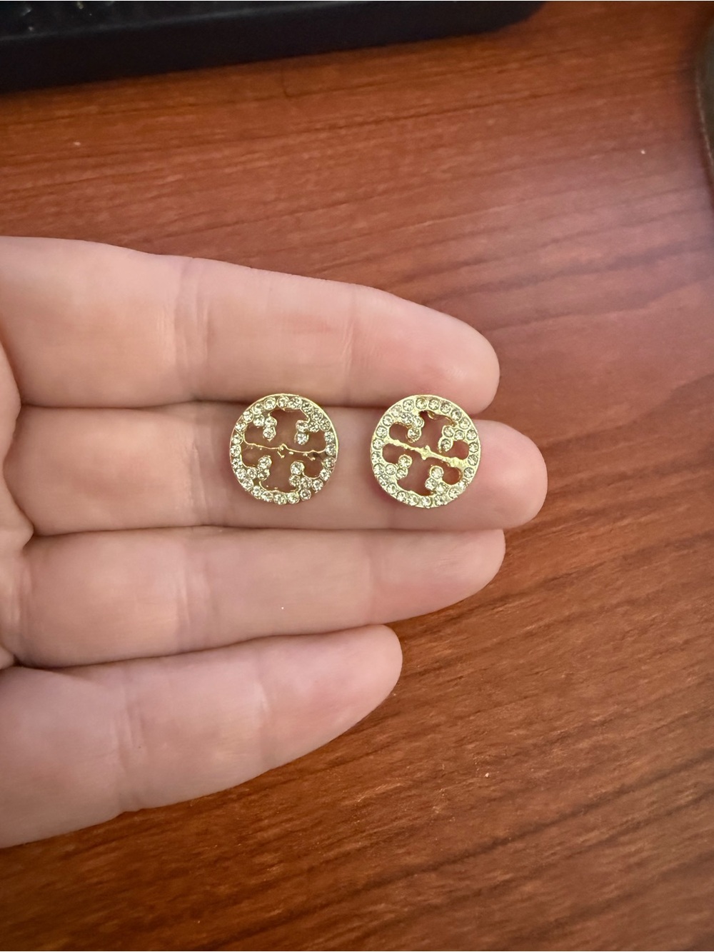Gold Crystal Round Logo-Style Stud Earrings